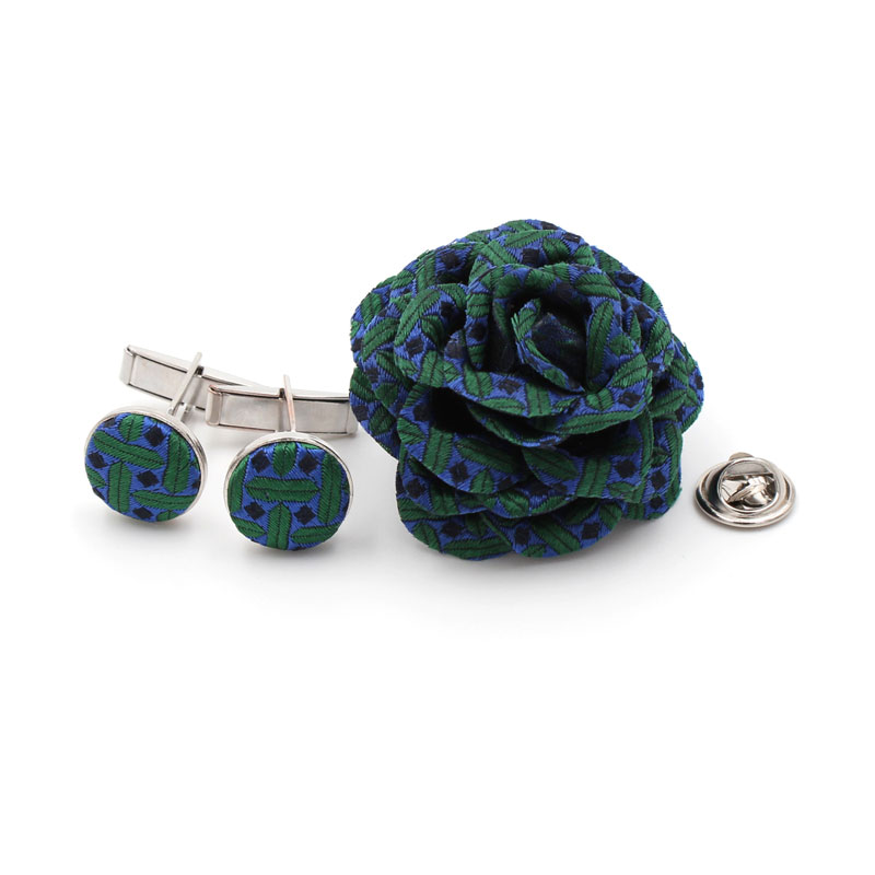 Men's 1.75" rose with matching cufflinks (up-cycled silk) _ Green/Blue Men's 1.75" rose with matching cufflinks (up-cycled silk) _ Green/Blue
