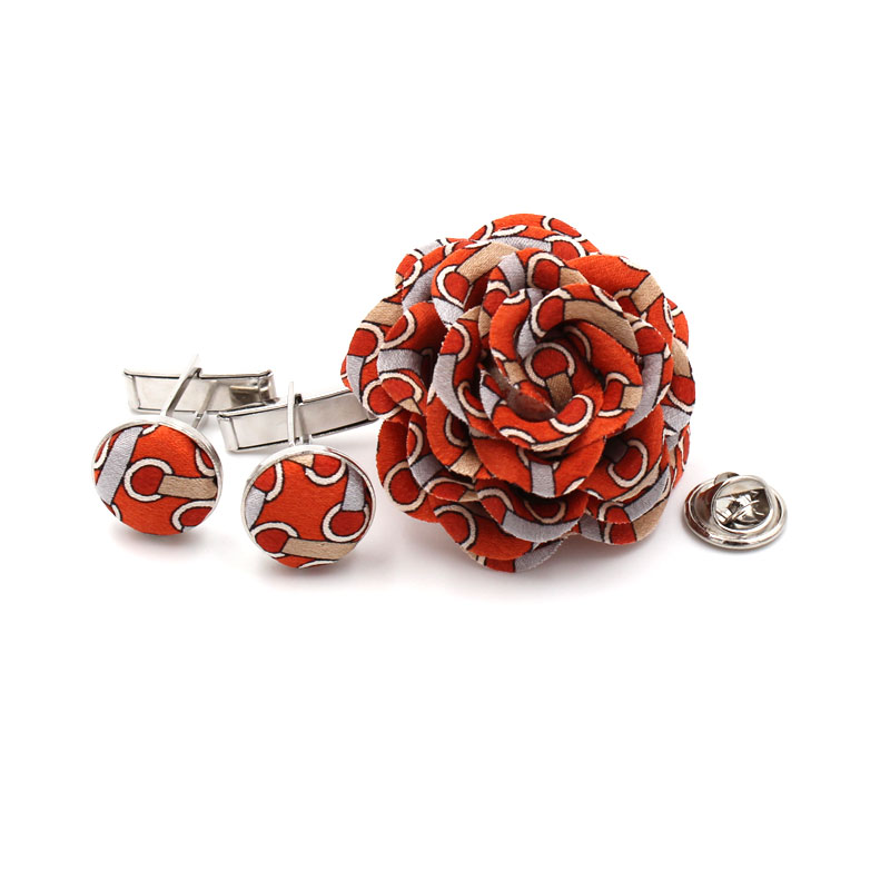 Men's 1.75" rose with matching cufflinks (up-cycled silk) _ Orange/Silver/Gold Pattern Men's 1.75" rose with matching cufflinks (up-cycled silk) _ Orange/Silver/Gold Pattern