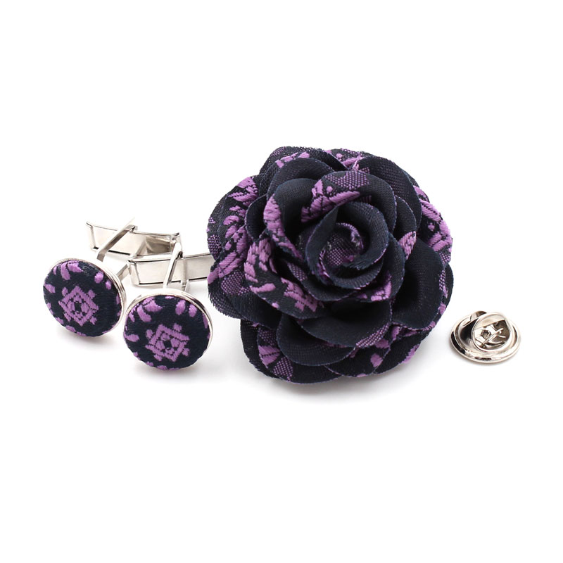 Men's 1.75" rose with matching cufflinks (up-cycled silk) _ Purple Pattern Men's 1.75" rose with matching cufflinks (up-cycled silk) _ Purple Pattern